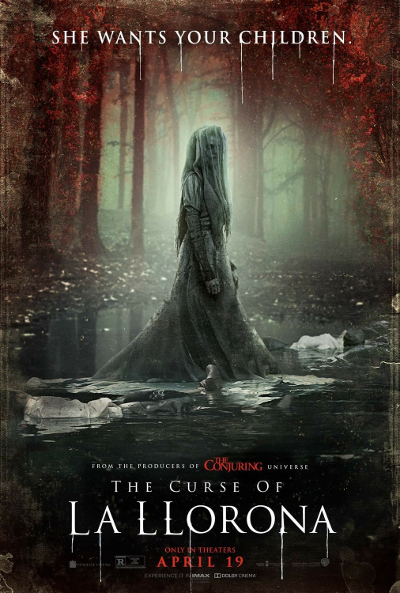 the curse of la llorona movie poster -- a woman in a gray ish white dress standing in the middle of a lake surrounded by leaves turning red.