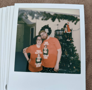 A picture of my wife and I in matching Christmas pajamas.