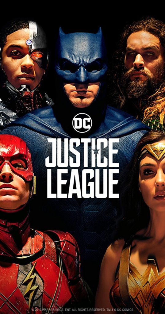 A movie poster for the Justice League featuring the characters posed and staring at the viewer in front of a black background with a harsh light shining from above, casting their lower faces in heavy shadows. Only the heads and shoulders of the characters are visible: Cyborg (upper left), Batman (center), Aquaman (upper right), the Flash (bottm left), and Wonder Woman (bottm right).
