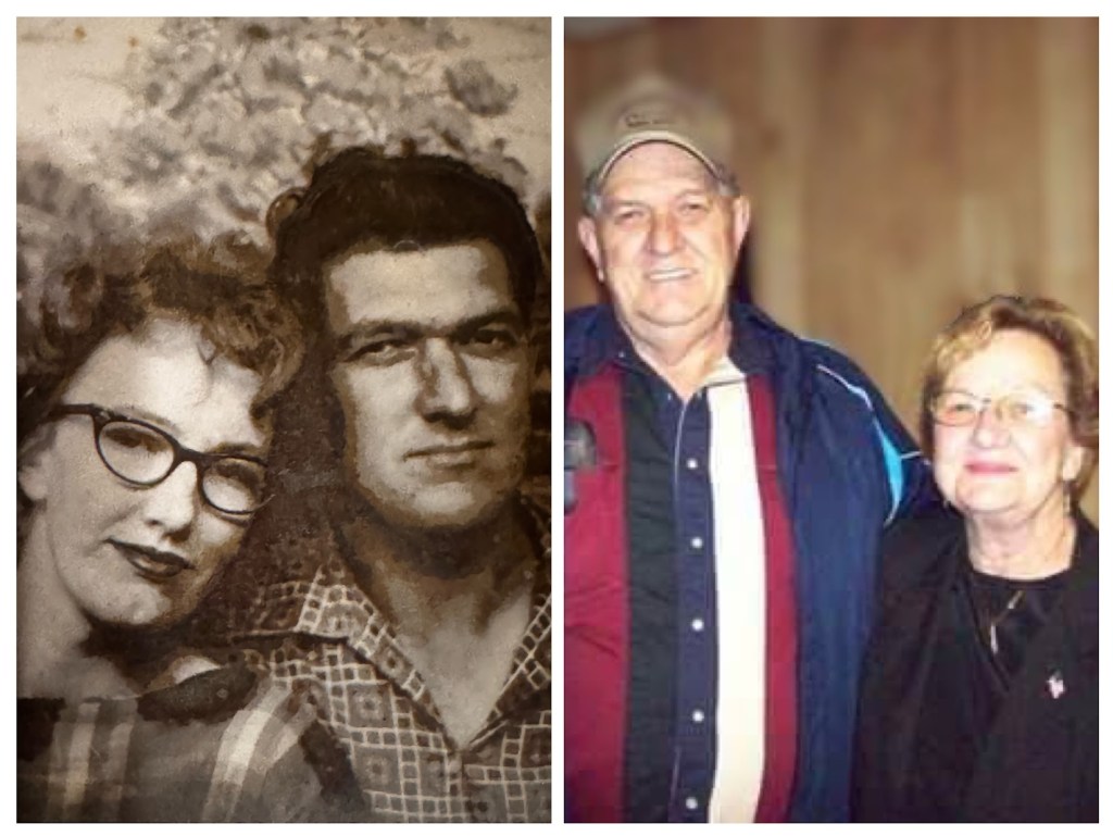 Two photos, side-by-side, of my Nanny and Papa. The left photo is a black-and-white photo of them when they were newly weds. Nanny is wearing dark, cat's eye glasses, and her curly hair is pulled back. She's wearing dark lip stick. Papa's hair is dark, with a square jaw and a button down shirt open at the collar. On the right is them much later in life not long before Papa's passing. Both are in their late 70s. Papa is wearing a tan trucker hat, and what hair you can see by his temples is gray. Nanny's hair is a dishwater blonde still.